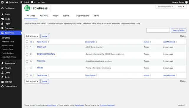 TablePress screenshot from its WordPress.org listing